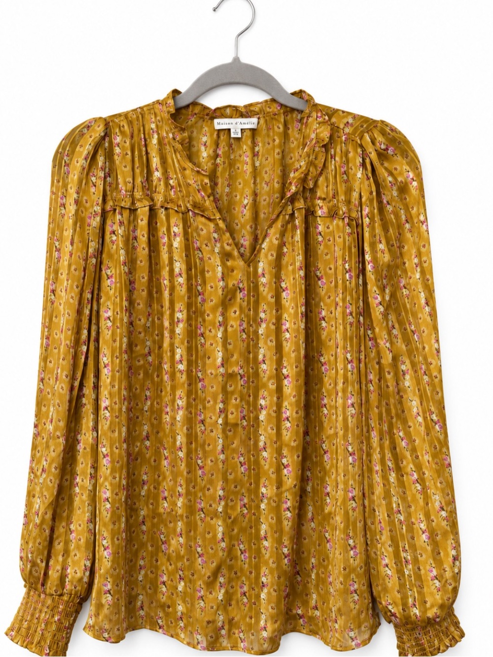 Maison d'Anjou Mustard Floral V-Neck Ruffle Blouse French Girl Style Size M